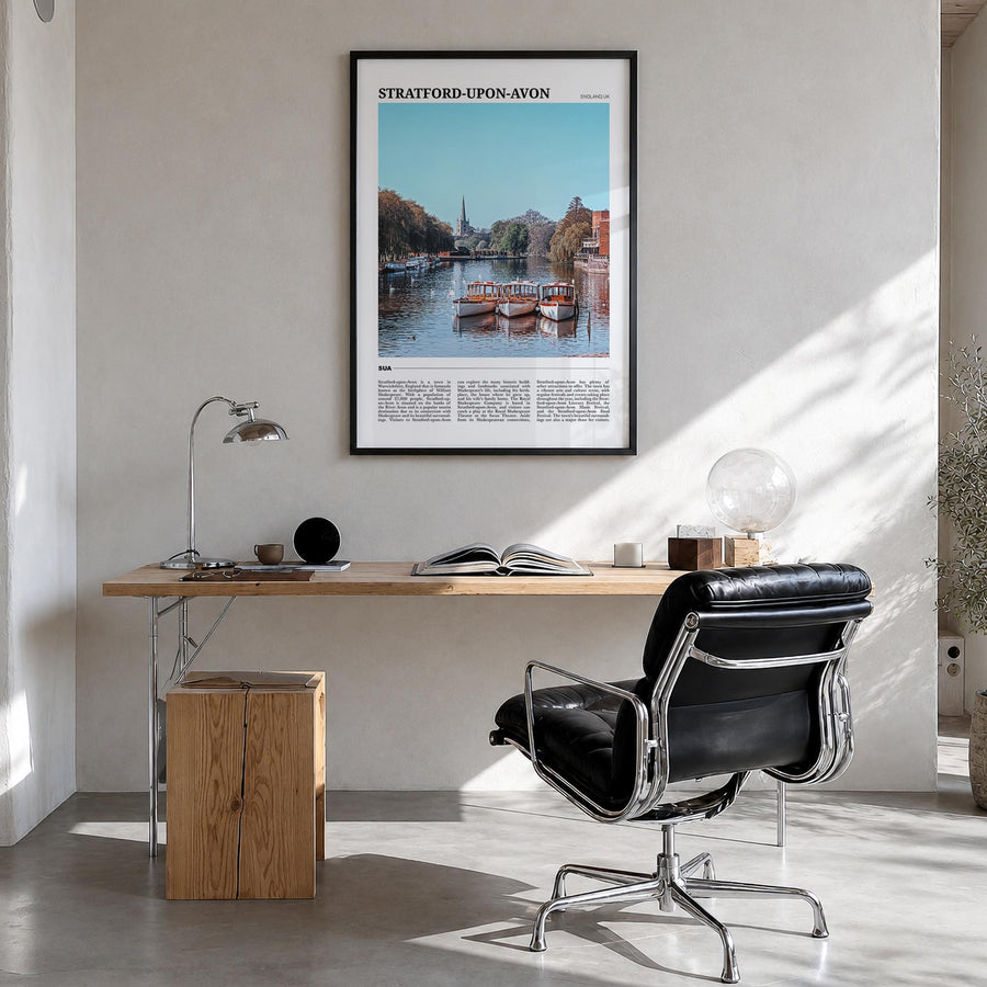 Stratford-upon-Avon colorful travel poster of England, UK – vertical wall art in black wood frame, hanging on wall