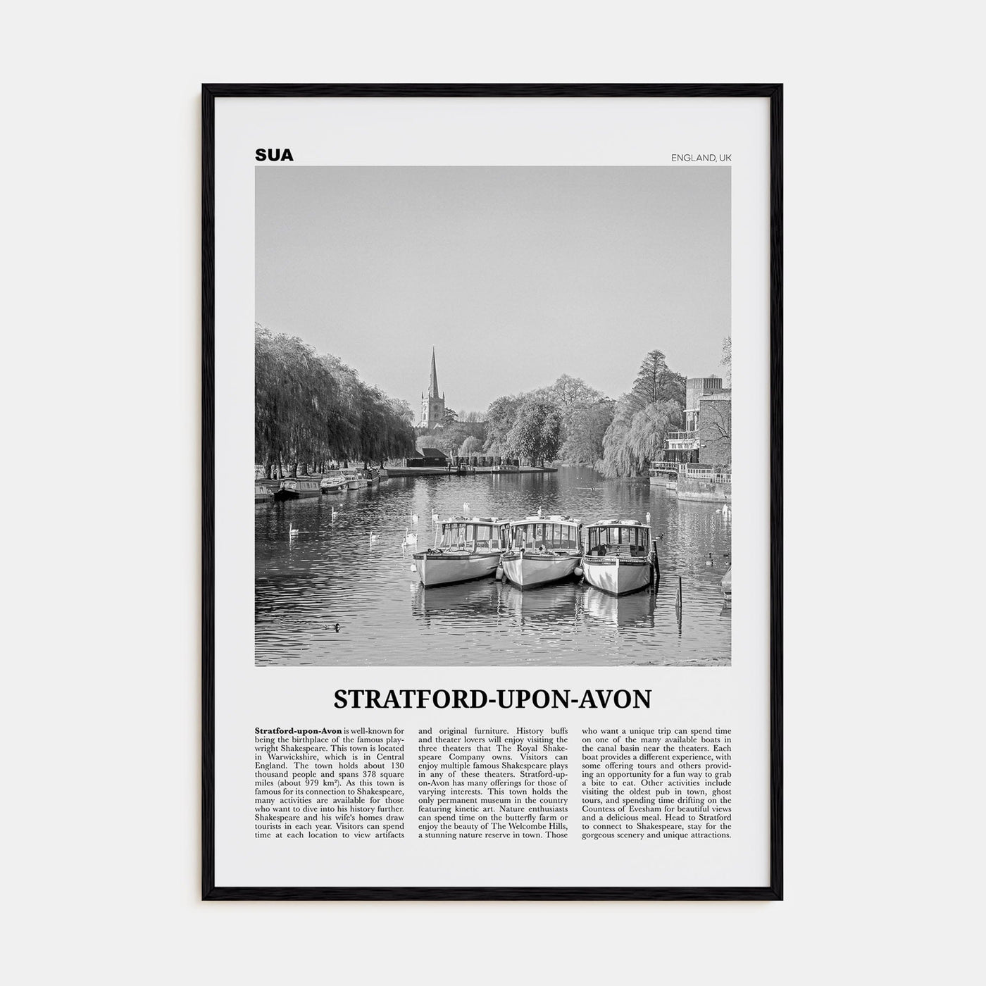 Stratford-upon-Avon Poster Black Wood / 8x12 in Nbourhood Travel B&W Poster