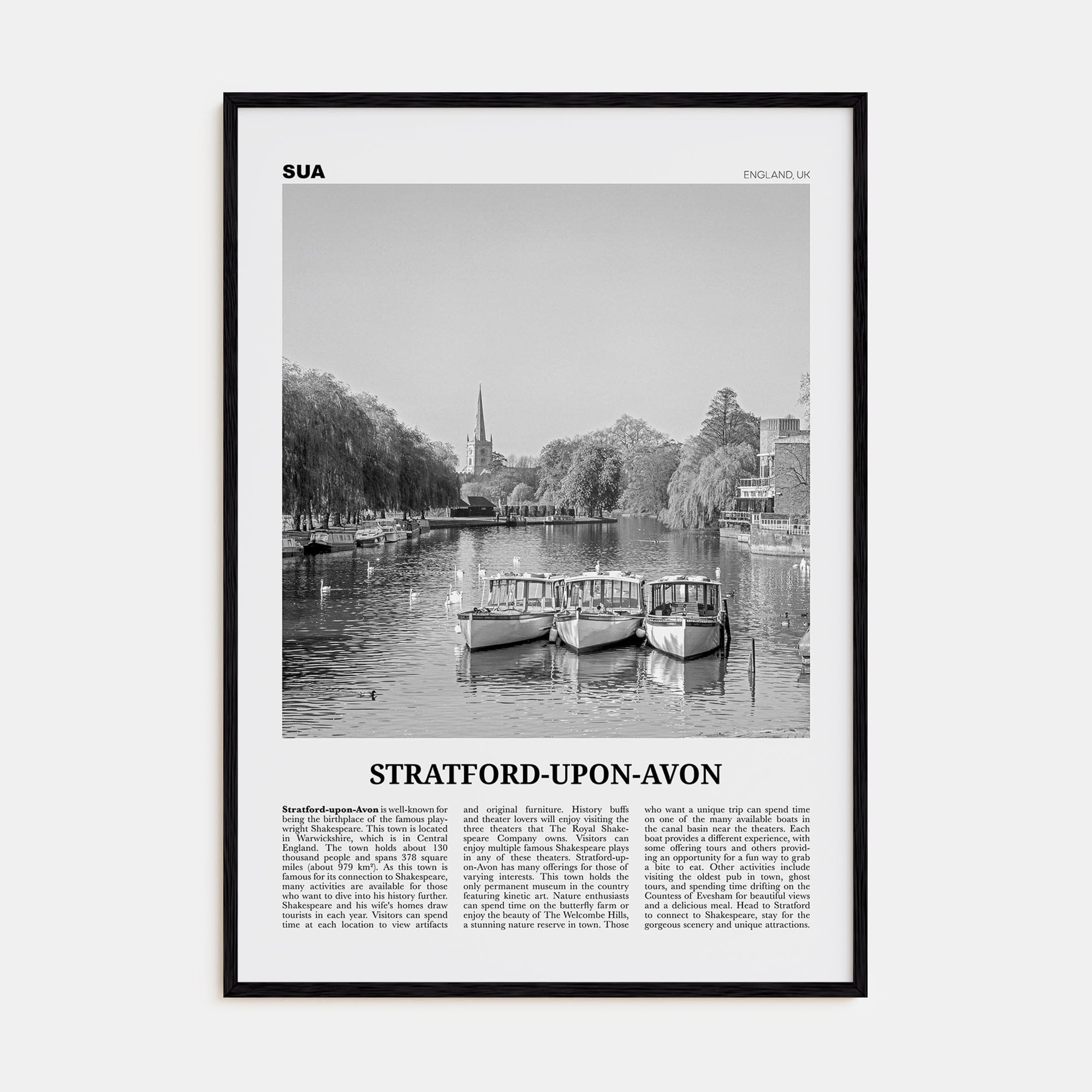 Stratford-upon-Avon Poster Black Wood / 8x12 in Nbourhood Travel B&W Poster