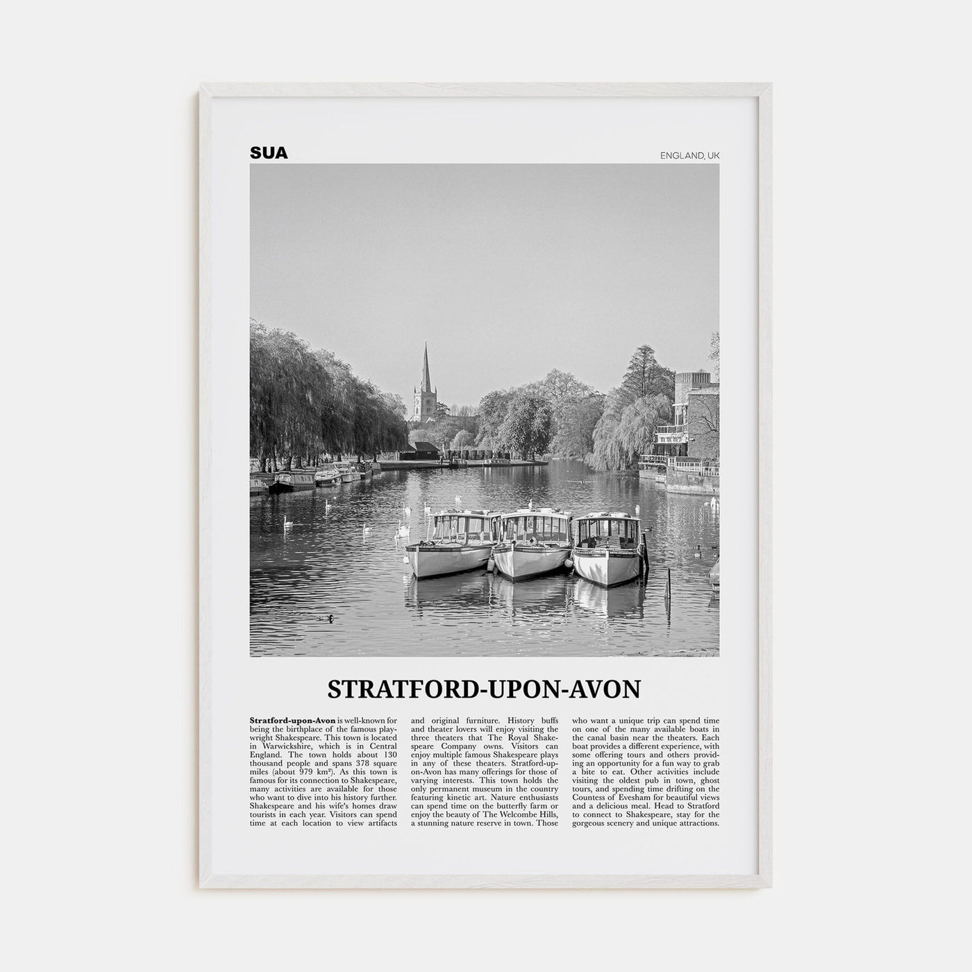 Stratford-upon-Avon Poster White Wood / 8x12 in Nbourhood Travel B&W Poster