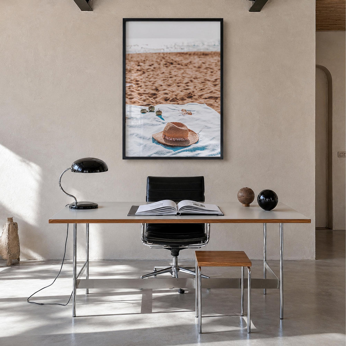 Straw Hat Beach colorful photo poster – vertical wall art in black wood frame, hanging on wall