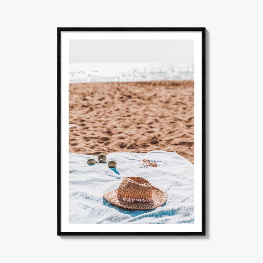 Straw Hat Beach colorful photo poster – vertical wall art, unframed print shown in interior mockup