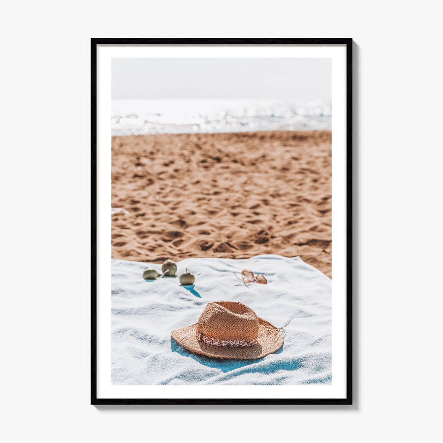 Straw Hat Beach Photo Poster, framed poster mockup, white border