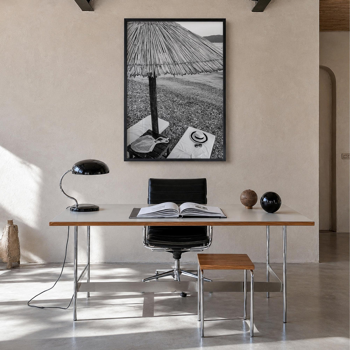 Straw Umbrella black & white photo poster – vertical wall art in black wood frame, hanging on wall