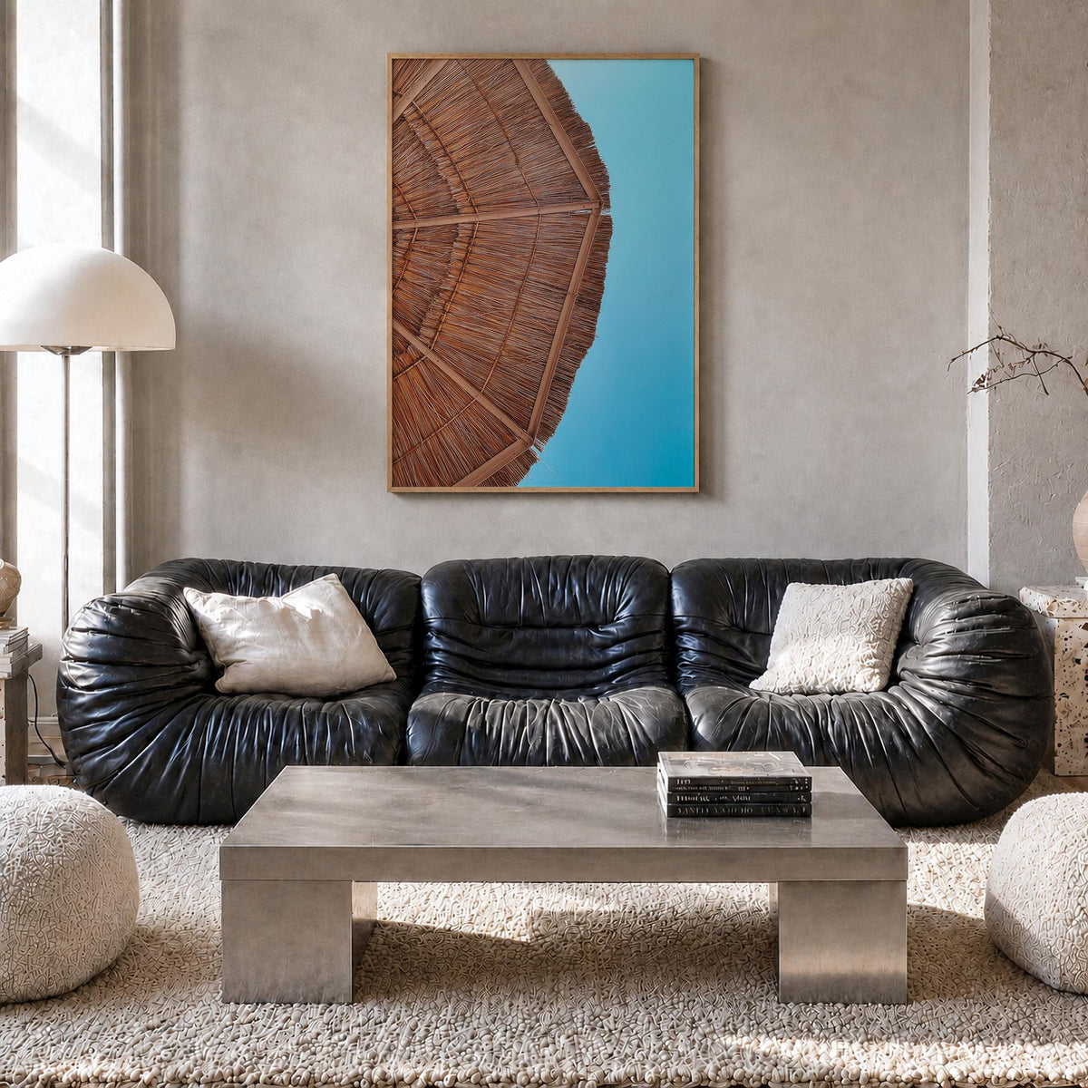 Straw Umbrella colorful photo poster – vertical wall art in natural wood frame, hanging on wall