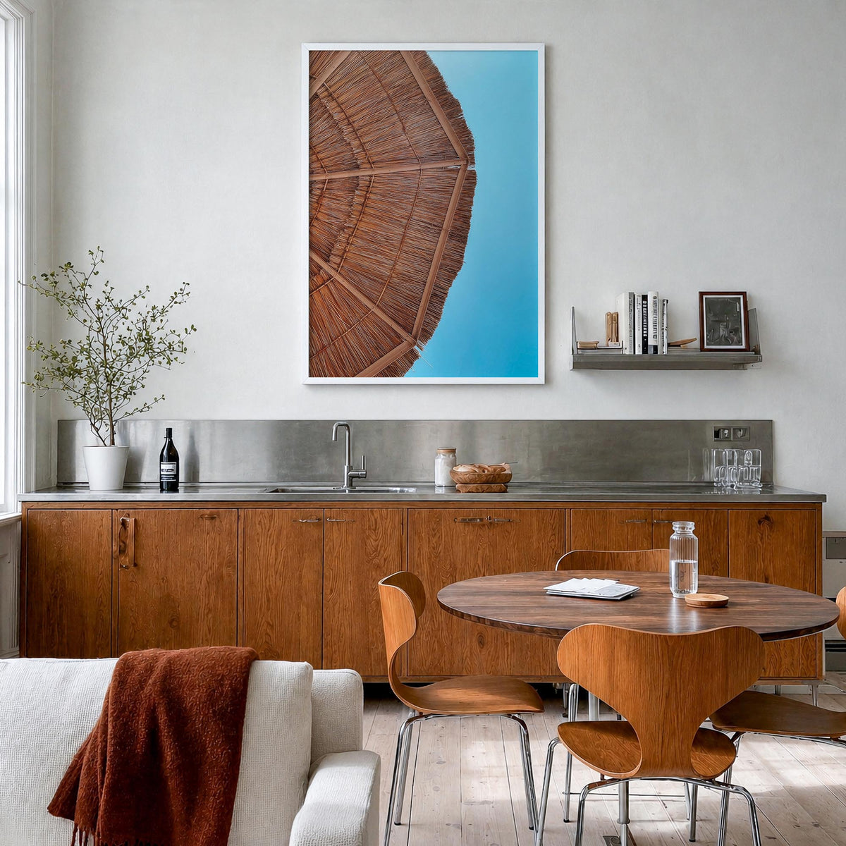 Straw Umbrella colorful photo poster – vertical wall art in white wood frame, hanging on wall