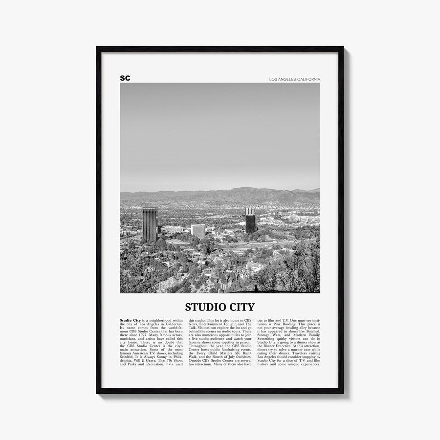 Studio City black & white newspaper poster of Los Angeles, California – vertical wall art, unframed print shown in interior m
