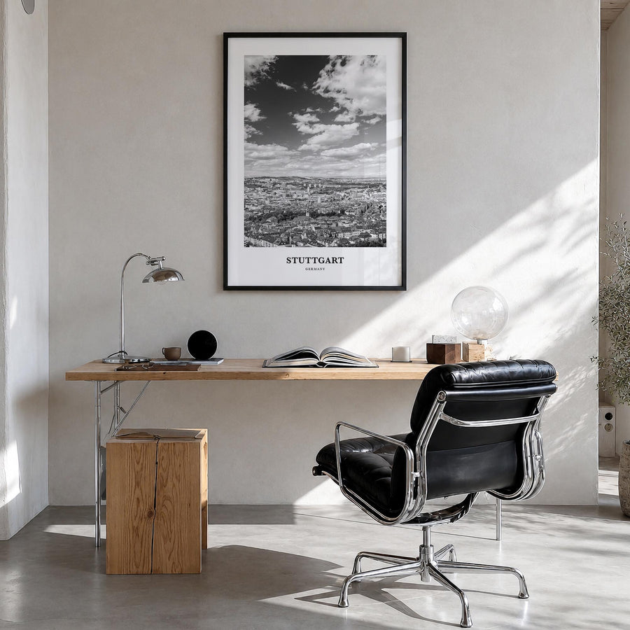 Stuttgart black & white classic poster of Germany – vertical wall art in black wood frame, hanging on wall