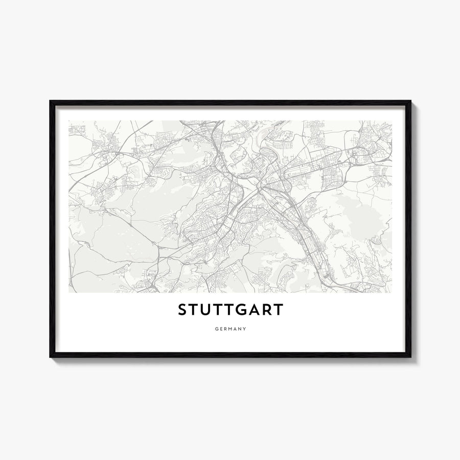 Stuttgart black & white map poster of Germany – horizontal wall art, unframed print shown in interior mockup