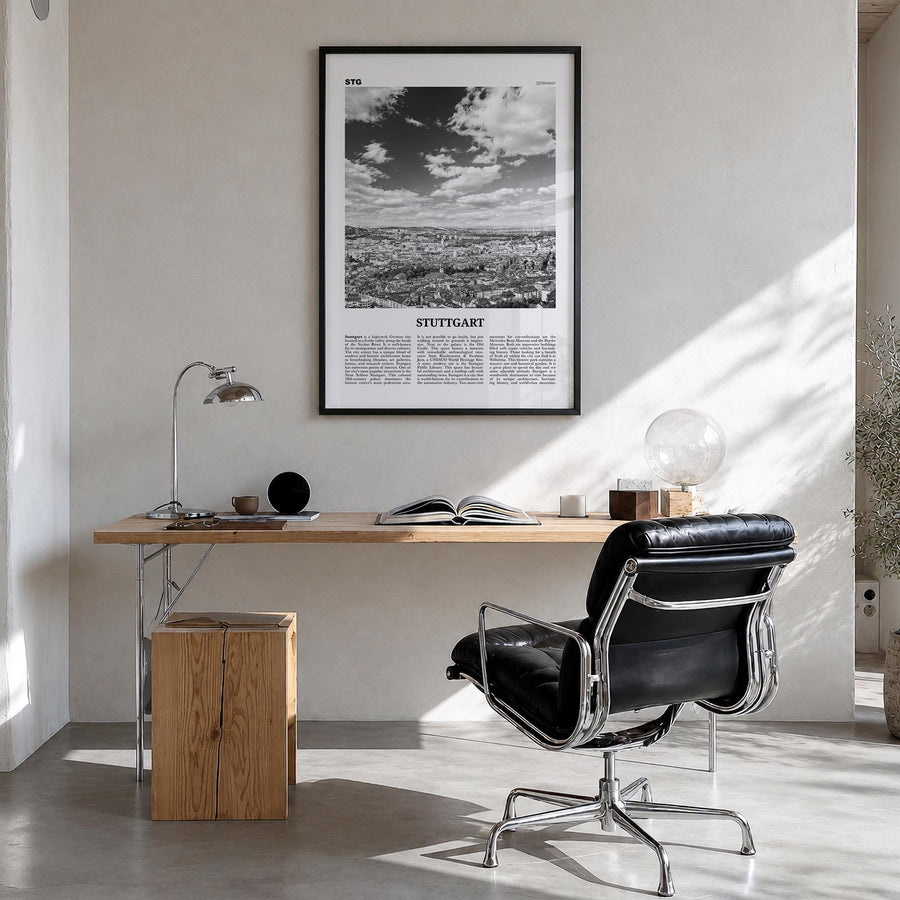 Stuttgart black & white newspaper poster of Germany – vertical wall art in black wood frame, hanging on wall