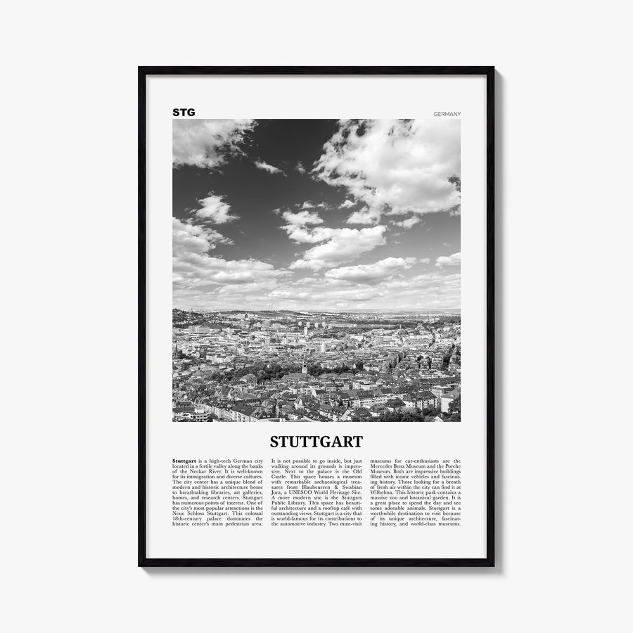Stuttgart black & white newspaper poster of Germany – vertical wall art, unframed print shown in interior mockup