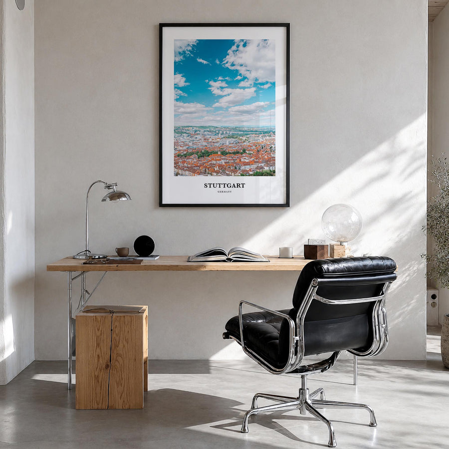 Stuttgart colorful classic poster of Germany – vertical wall art in black wood frame, hanging on wall