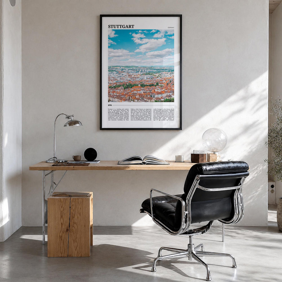 Stuttgart colorful travel poster of Germany – vertical wall art in black wood frame, hanging on wall