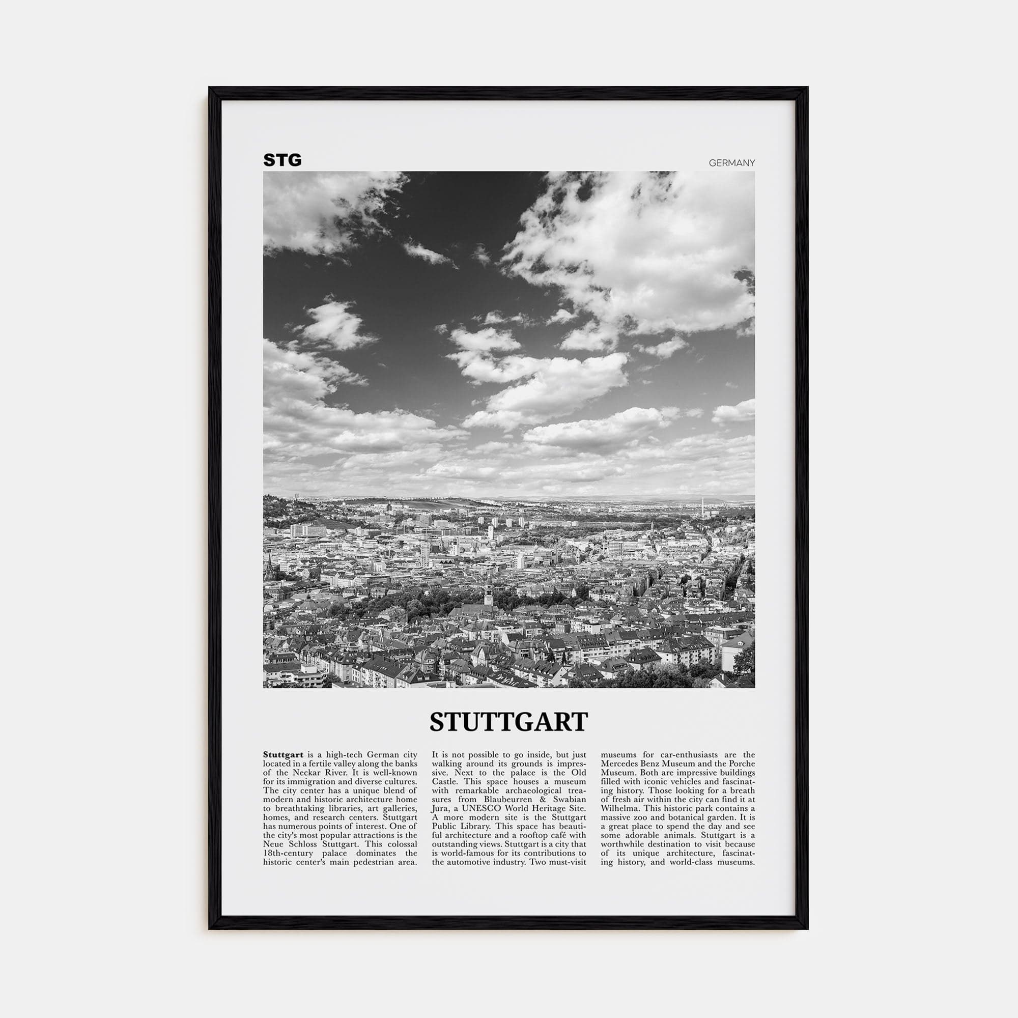 Stuttgart Poster Black Wood / 8x12 in Nbourhood Travel B&W Poster