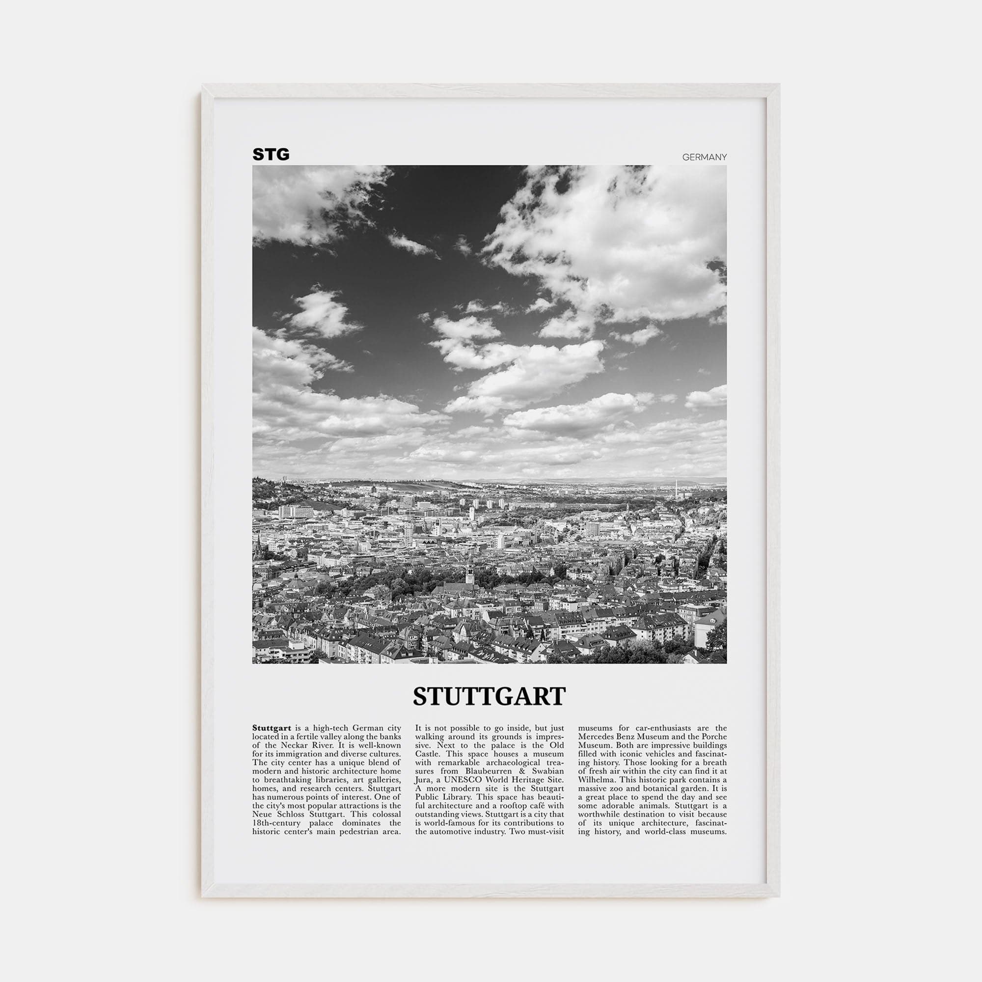 Stuttgart Poster White Wood / 8x12 in Nbourhood Travel B&W Poster