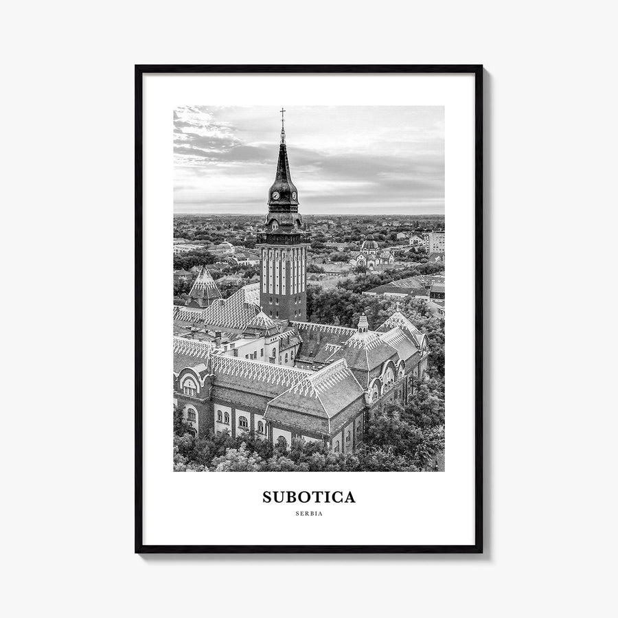 Subotica black & white classic poster of Serbia – vertical wall art, unframed print shown in interior mockup