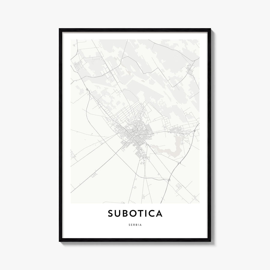 Subotica black & white map poster of Serbia – vertical wall art, unframed print shown in interior mockup