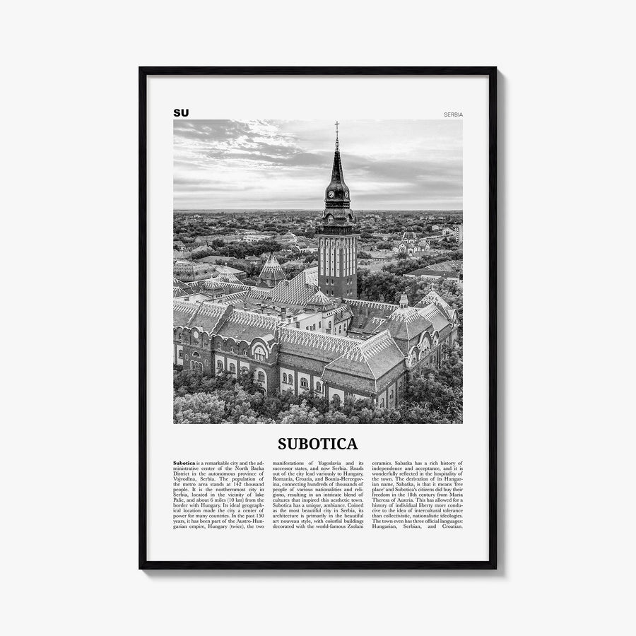 Subotica black & white newspaper poster of Serbia – vertical wall art, unframed print shown in interior mockup