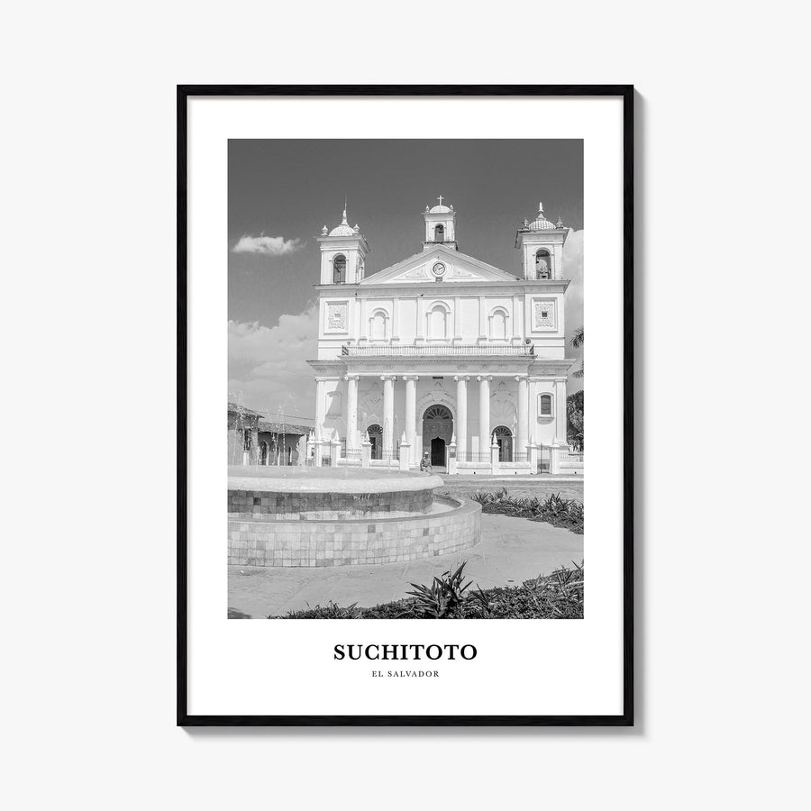 Suchitoto black & white classic poster of El Salvador – vertical wall art, unframed print shown in interior mockup