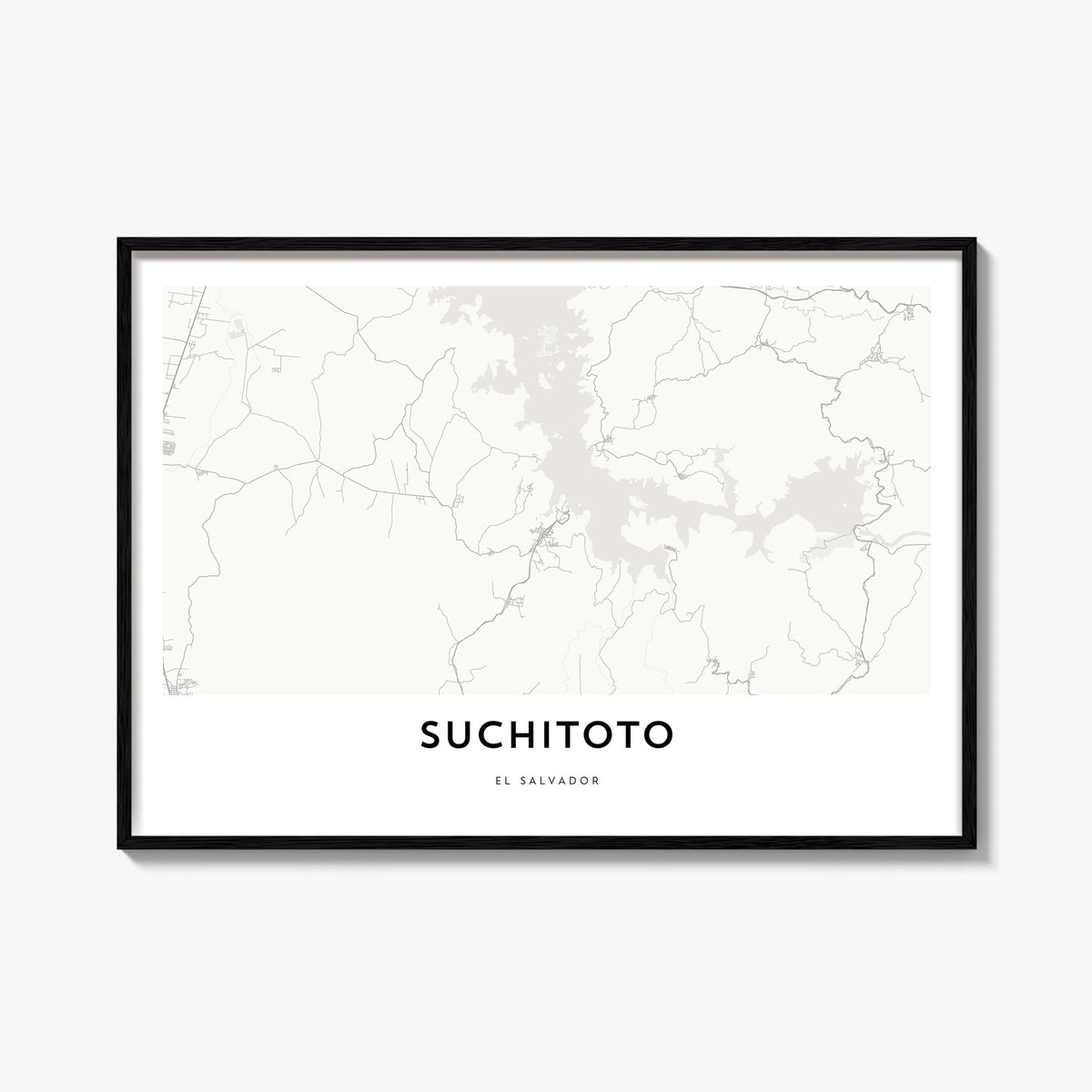 Suchitoto black & white map poster of El Salvador – horizontal wall art, unframed print shown in interior mockup