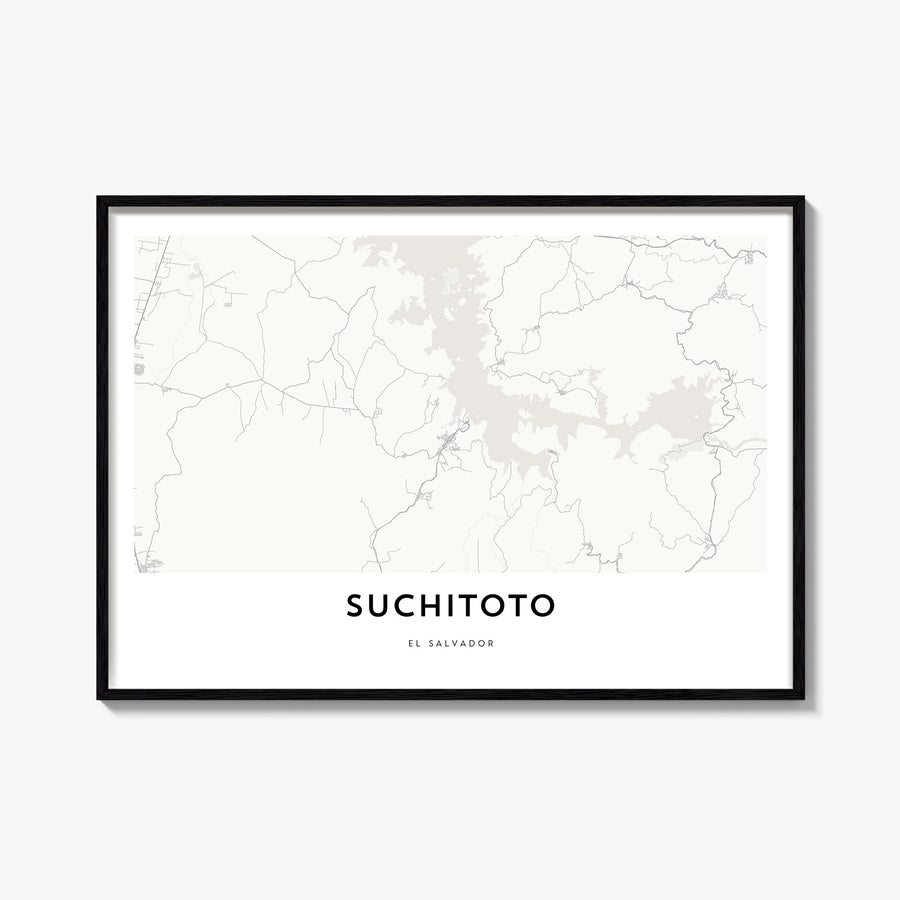 Suchitoto black & white map poster of El Salvador – horizontal wall art, unframed print shown in interior mockup