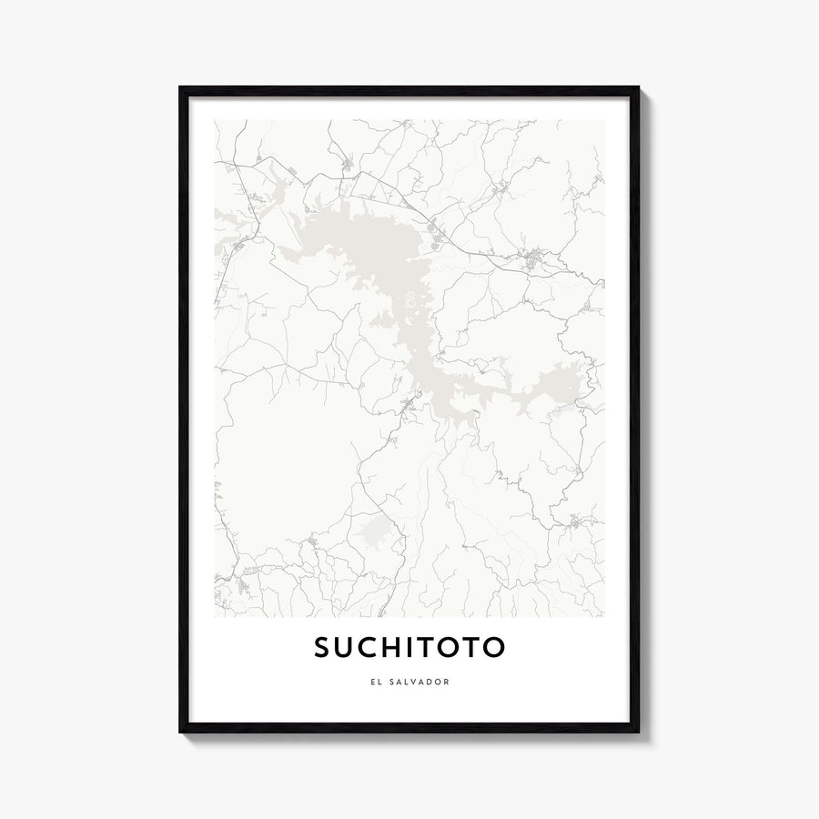 Suchitoto black & white map poster of El Salvador – vertical wall art, unframed print shown in interior mockup