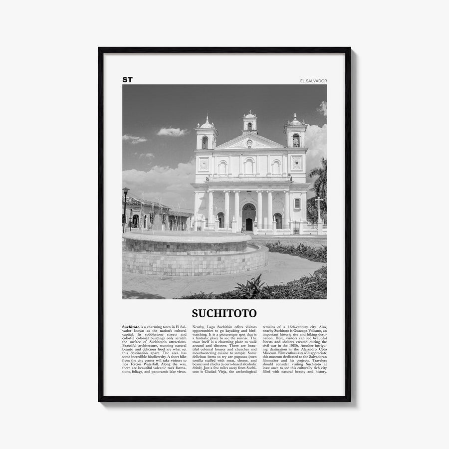Suchitoto black & white newspaper poster of El Salvador – vertical wall art, unframed print shown in interior mockup