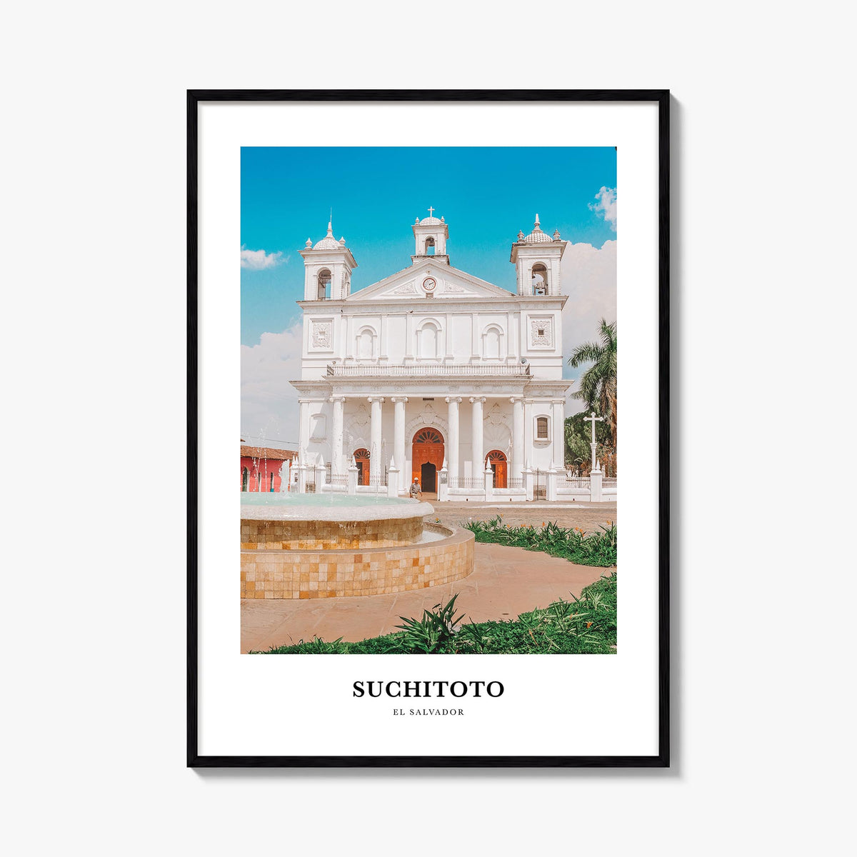 Suchitoto colorful classic poster of El Salvador – vertical wall art, unframed print shown in interior mockup
