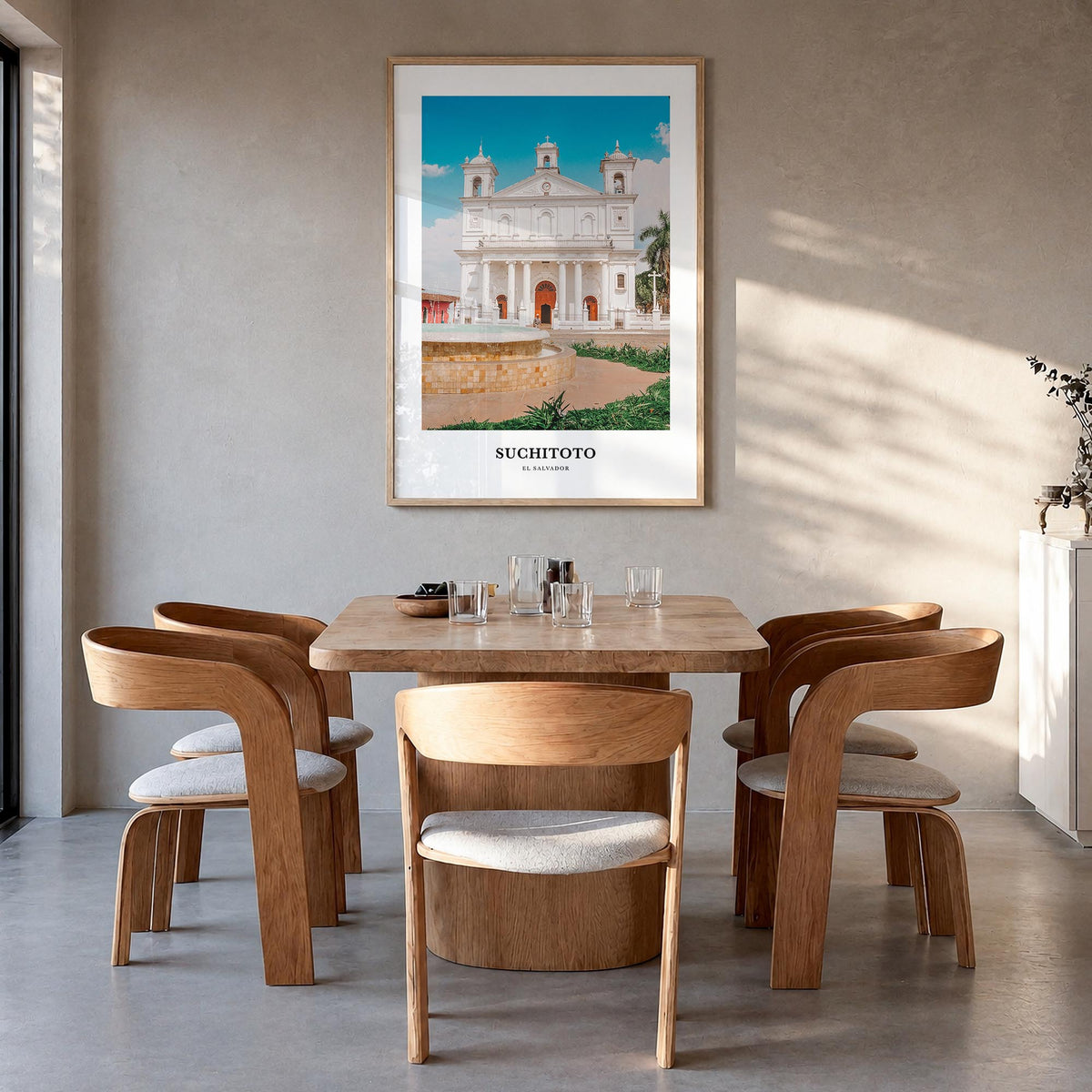 Suchitoto colorful classic poster of El Salvador – vertical wall art in natural wood frame, hanging on wall