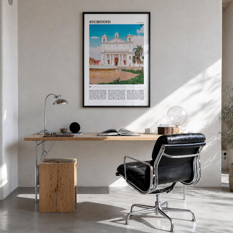 Suchitoto colorful travel poster of El Salvador – vertical wall art in black wood frame, hanging on wall