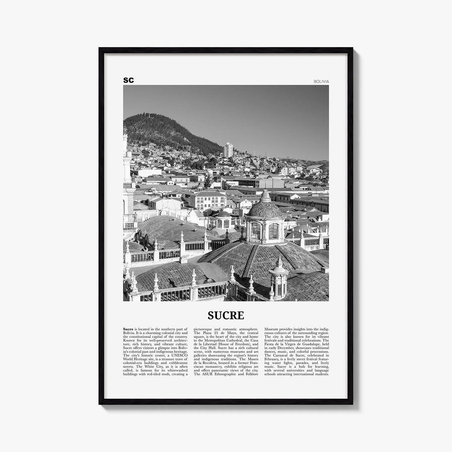 Sucre black & white newspaper poster of Bolivia – vertical wall art, unframed print shown in interior mockup
