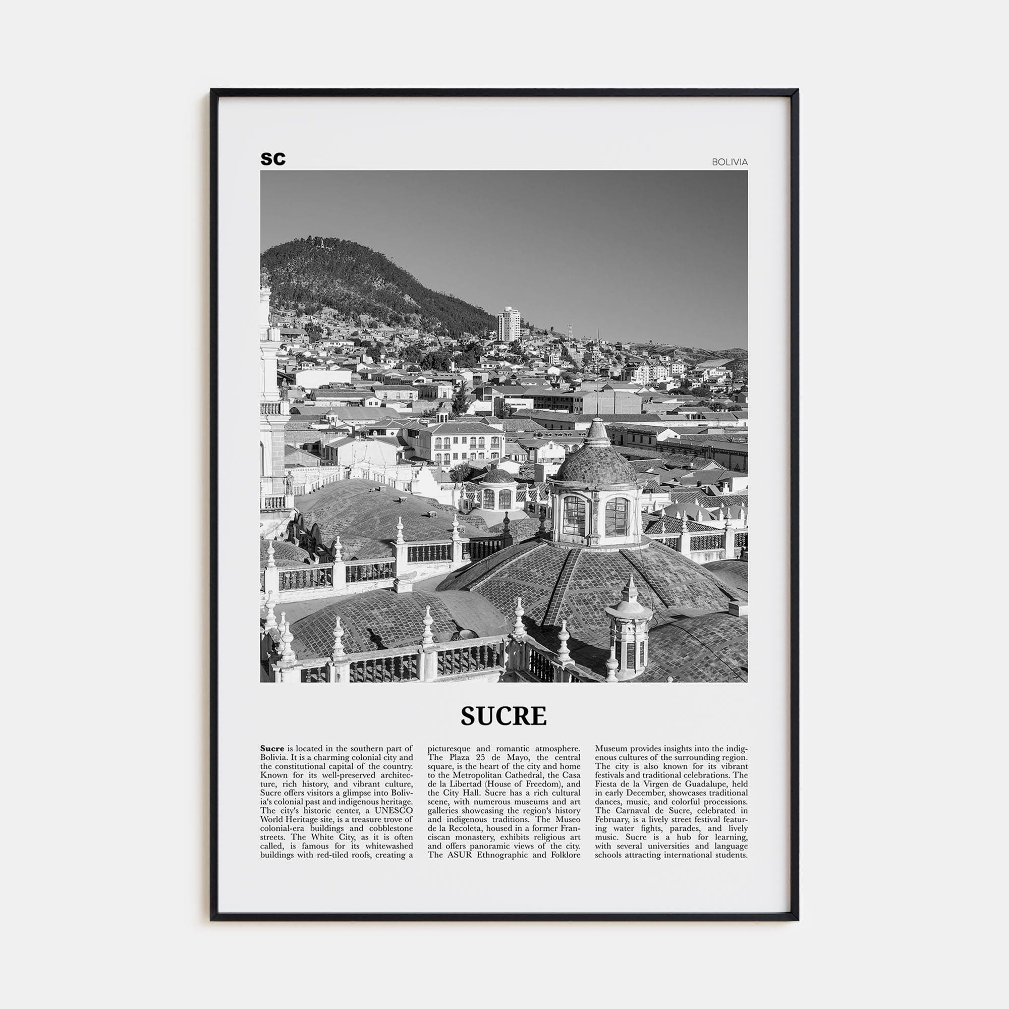 Sucre Poster Black Metal / 8x12 in Nbourhood Travel B&W Poster