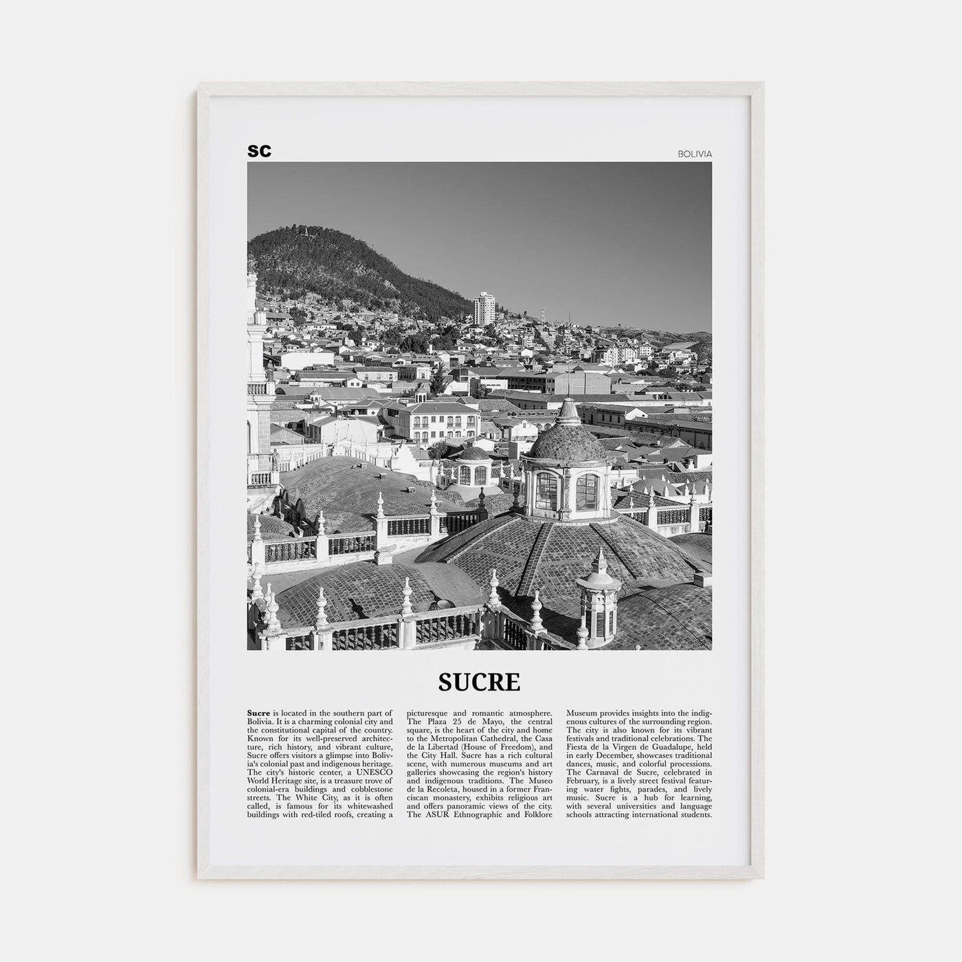 Sucre Poster White Wood / 8x12 in Nbourhood Travel B&W Poster