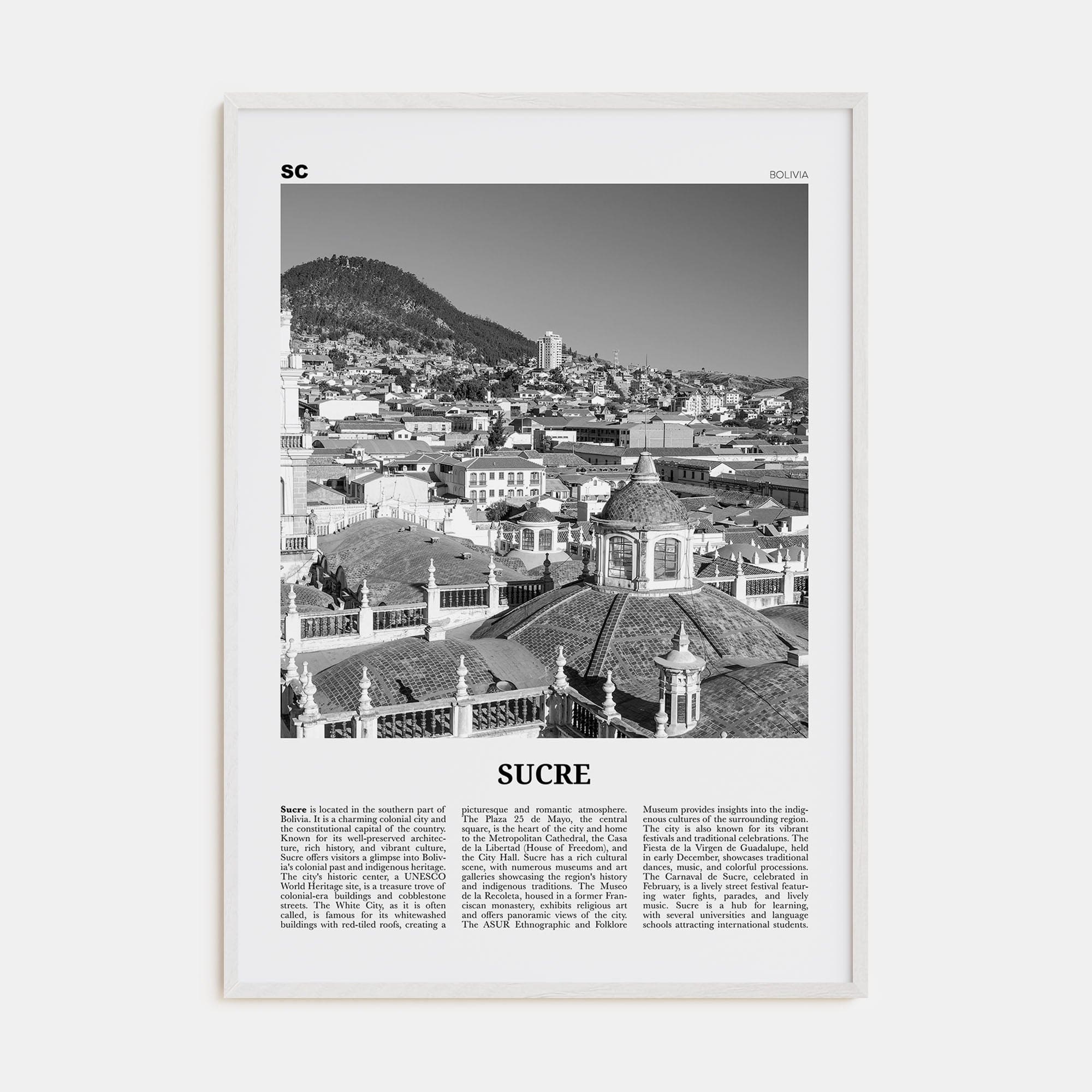 Sucre Poster White Wood / 8x12 in Nbourhood Travel B&W Poster