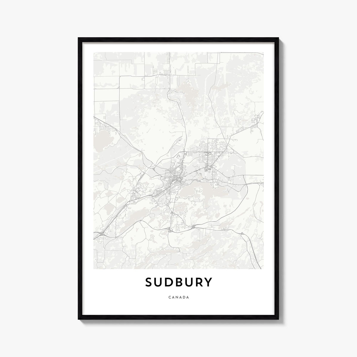 Sudbury black & white map poster of United Kingdom – vertical wall art, unframed print shown in interior mockup