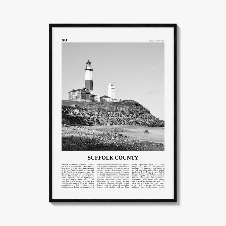 Suffolk County black & white newspaper poster of New York, USA – vertical wall art, unframed print shown in interior mockup