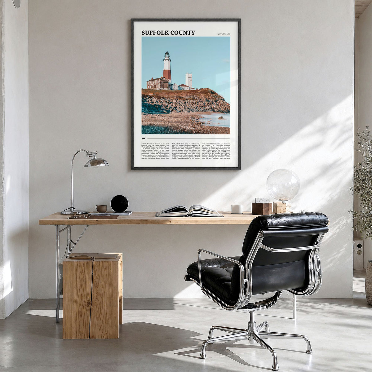 Suffolk County, New York Travel Poster in a black wood frame, hanging in a bright home office