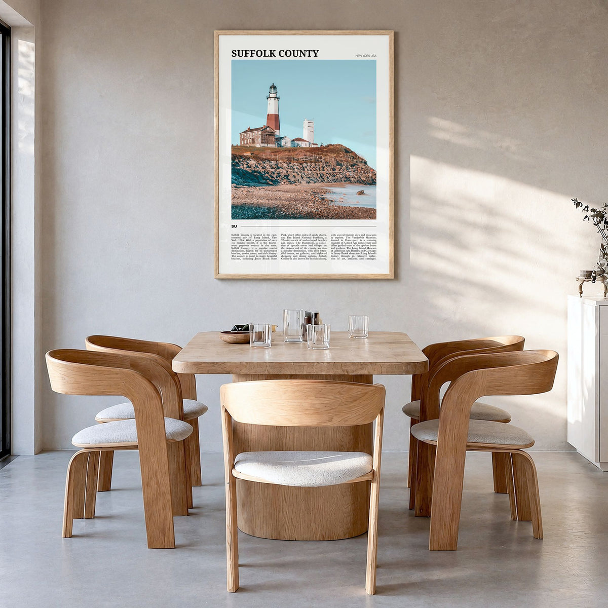 Suffolk County, New York Travel Poster in a natural wood frame, hanging in a dining room