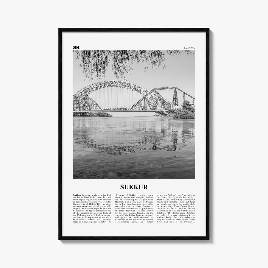 Sukkur black & white newspaper poster of Pakistan – vertical wall art, unframed print shown in interior mockup
