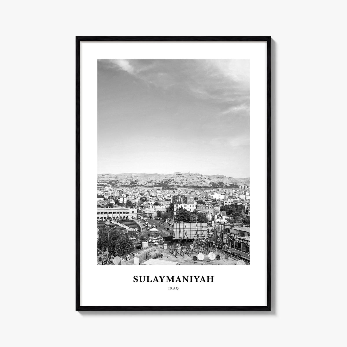 Sulaymaniyah black & white classic poster of Iraq – vertical wall art, unframed print shown in interior mockup