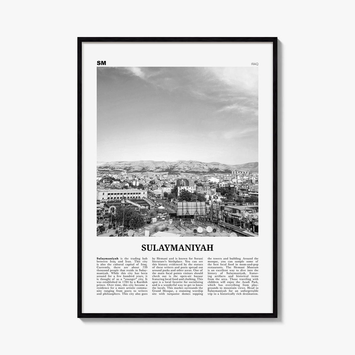 Sulaymaniyah black & white newspaper poster of Iraq – vertical wall art, unframed print shown in interior mockup