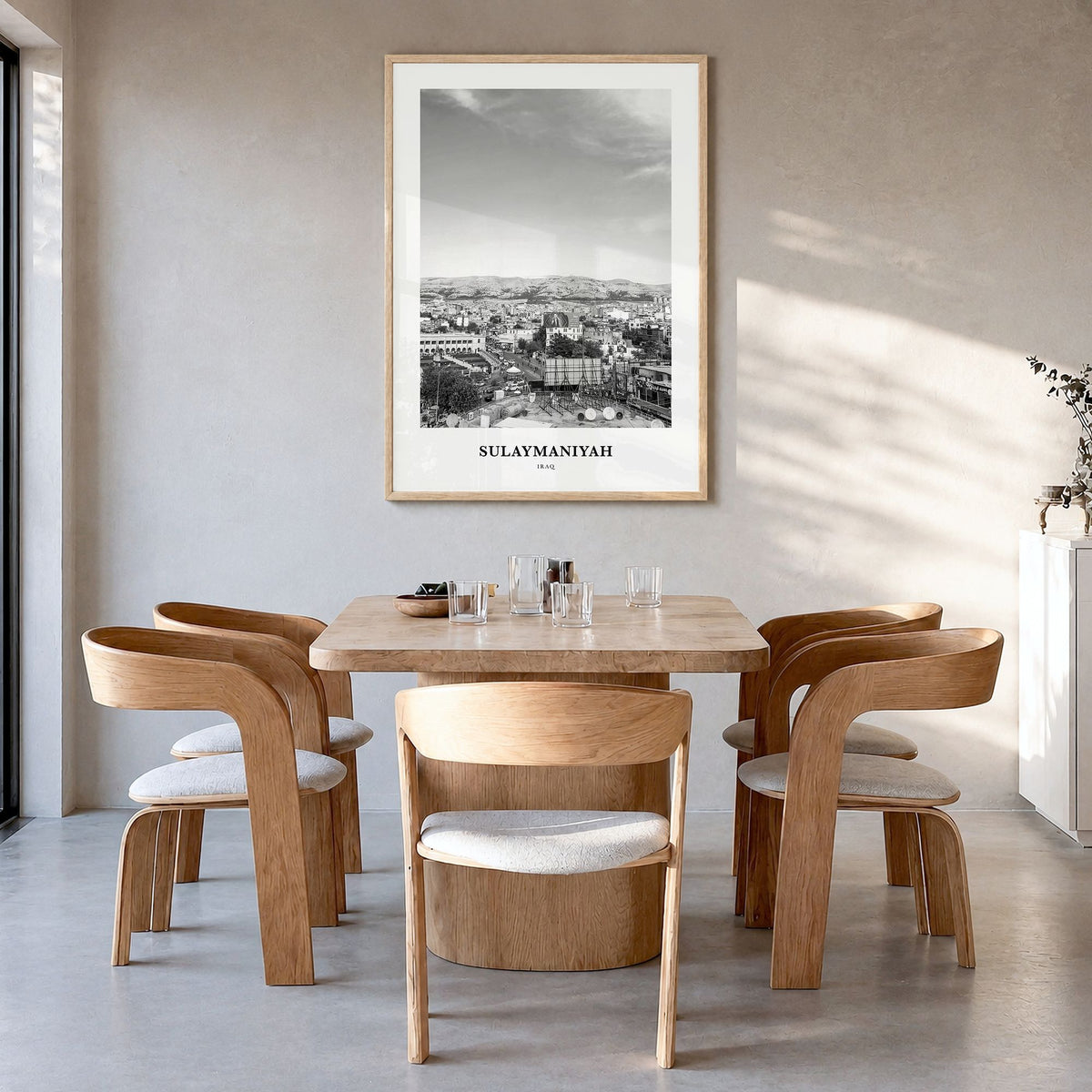 Sulaymaniyah Classic Poster in a natural wood frame, hanging in a dining room