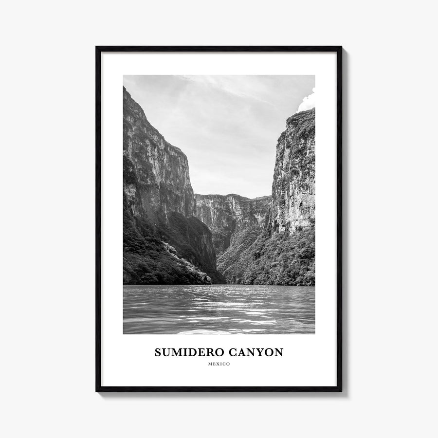 Sumidero Canyon black & white classic poster of Mexico – vertical wall art, unframed print shown in interior mockup