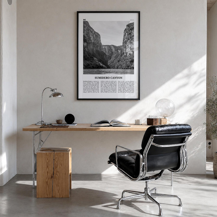 Sumidero Canyon black & white newspaper poster of Mexico – vertical wall art in black wood frame, hanging on wall