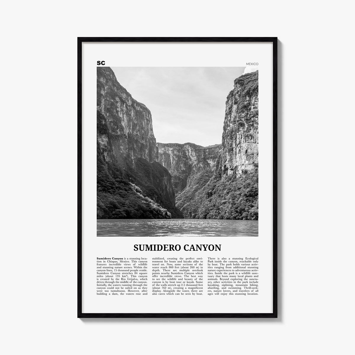 Sumidero Canyon black & white newspaper poster of Mexico – vertical wall art, unframed print shown in interior mockup