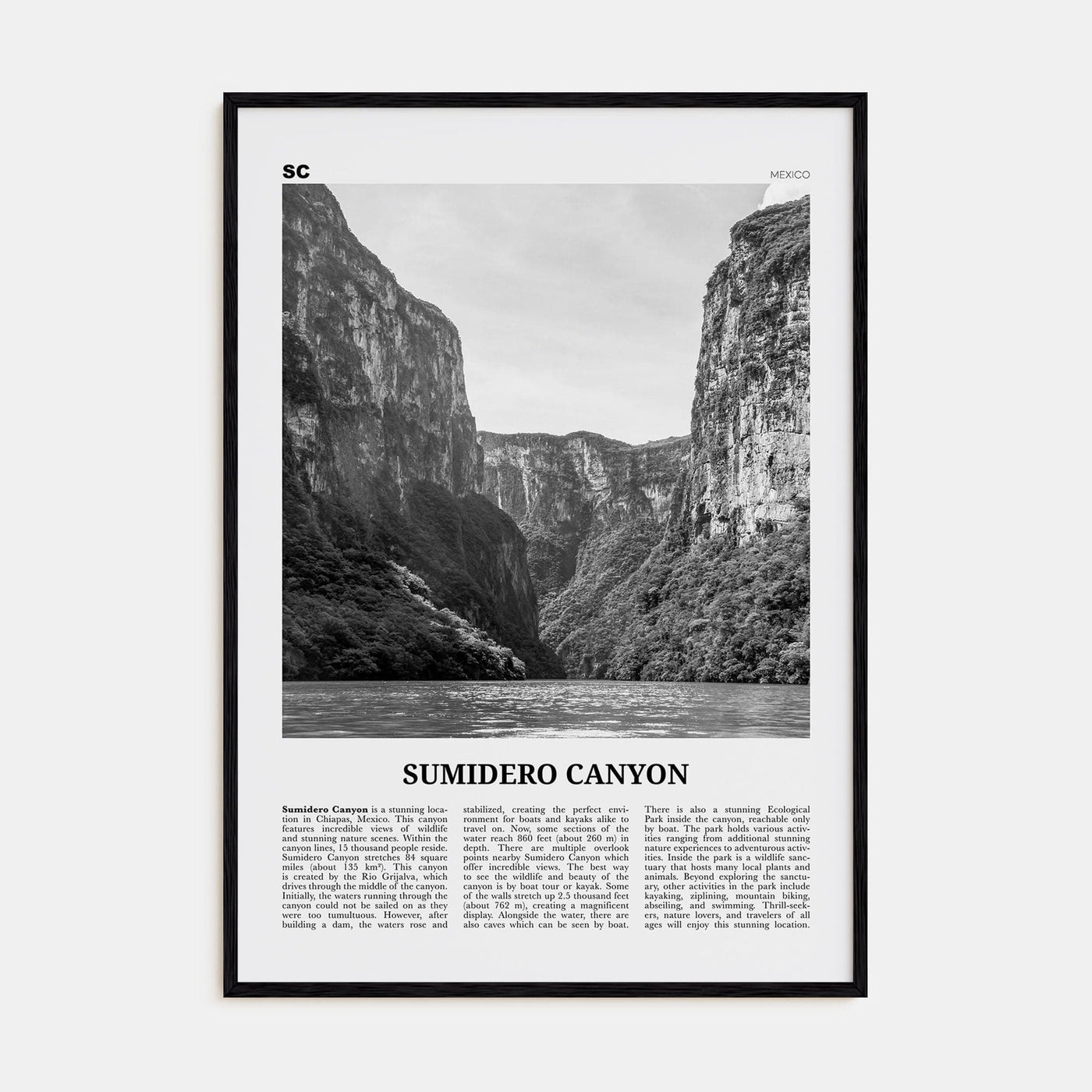 Sumidero Canyon Poster Black Wood / 8x12 in Nbourhood Travel B&W Poster