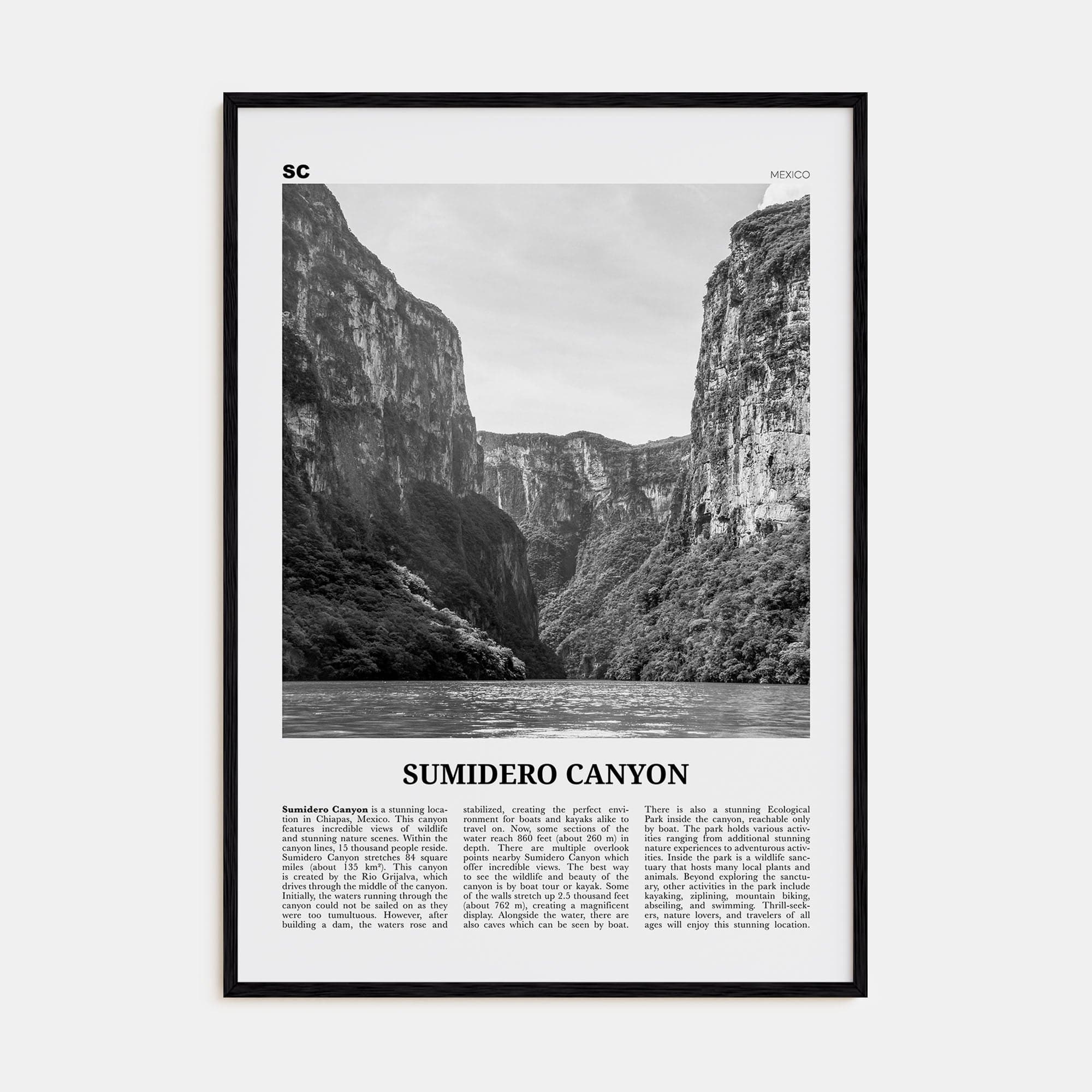 Sumidero Canyon Poster Black Wood / 8x12 in Nbourhood Travel B&W Poster