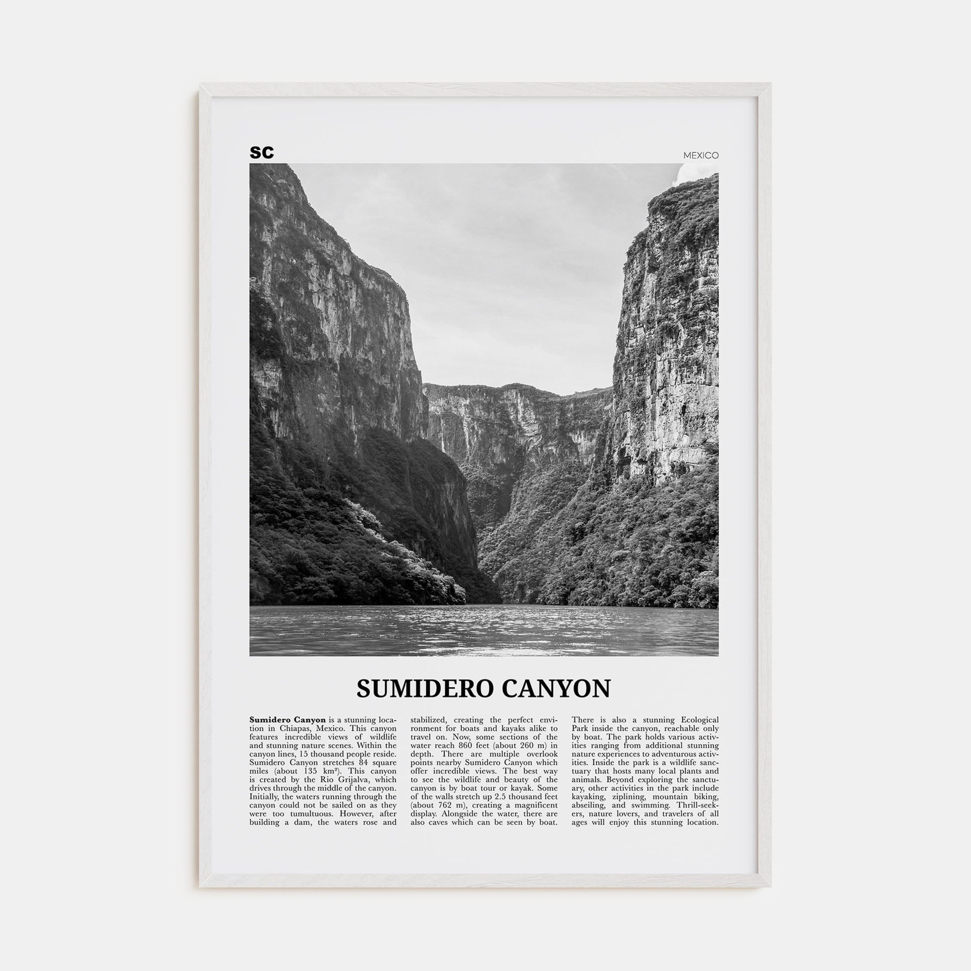 Sumidero Canyon Poster White Wood / 8x12 in Nbourhood Travel B&W Poster