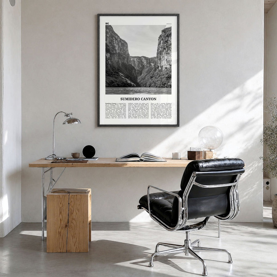 Sumidero Canyon Newspaper Poster in a black wood frame, hanging in a bright home office