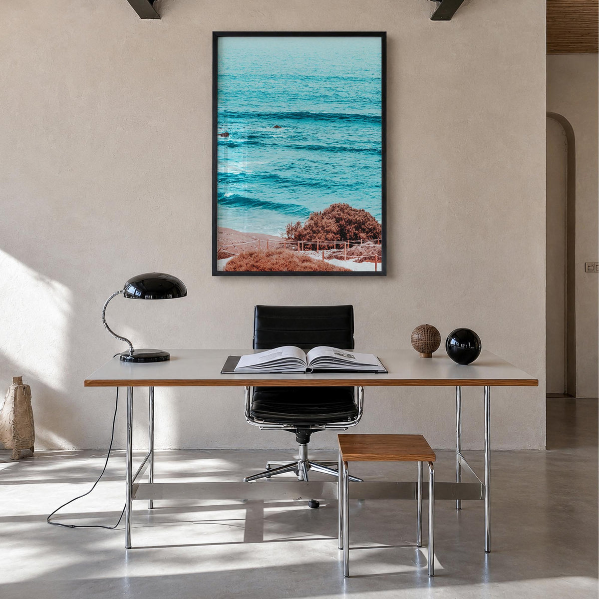 Summer Vibes colorful photo poster – vertical wall art in black wood frame, hanging on wall